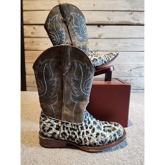Roper Glitter Diamonds Cow  Leather Square Toe Pull On Western Boots Girls Sz 1 - Picture 1 of 14
